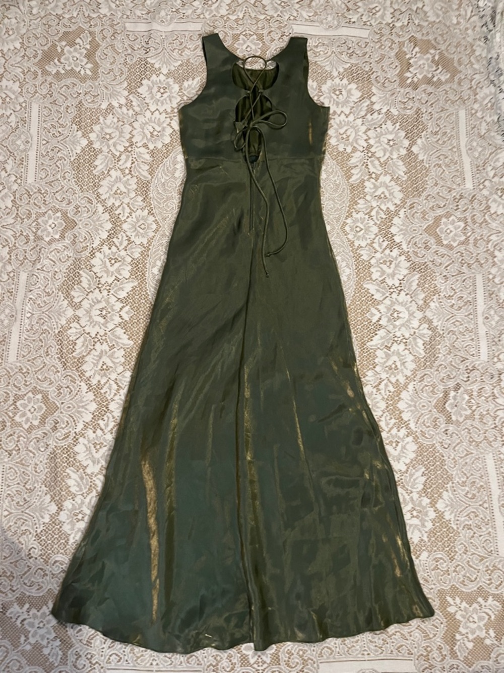1990s Roberta Shimmery Satin Formal Dress, Metallic Green, Size 7/8 - Picture 8 of 9
